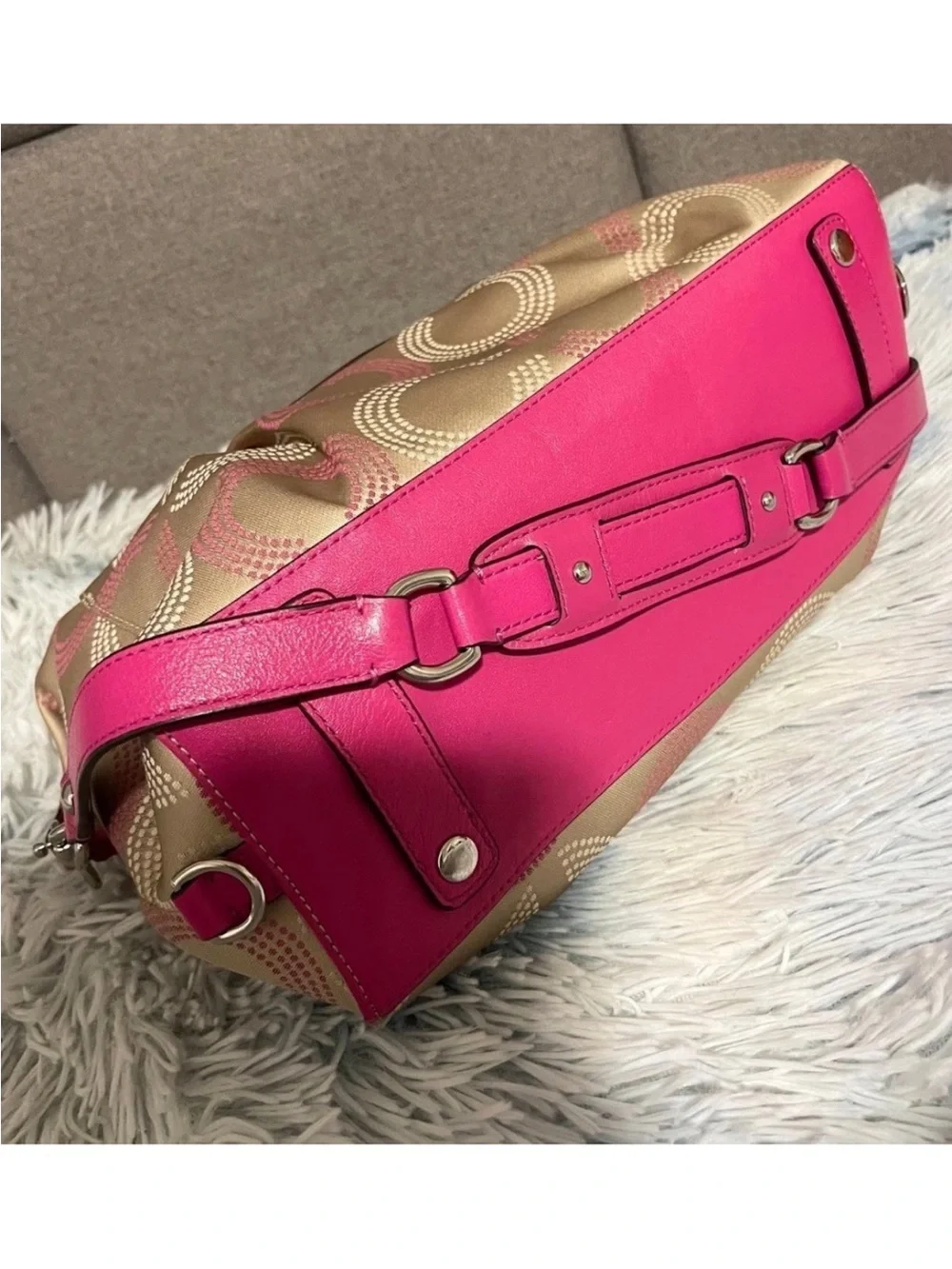 Coach Ashley Beige Signature Satchel with Hot Pink Leather Trim